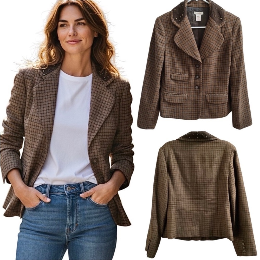 Sundance Brown Plaid Wool Blazer Jacket Studded Collar Women's Size 2 or 4 Lined - Picture 2 of 16